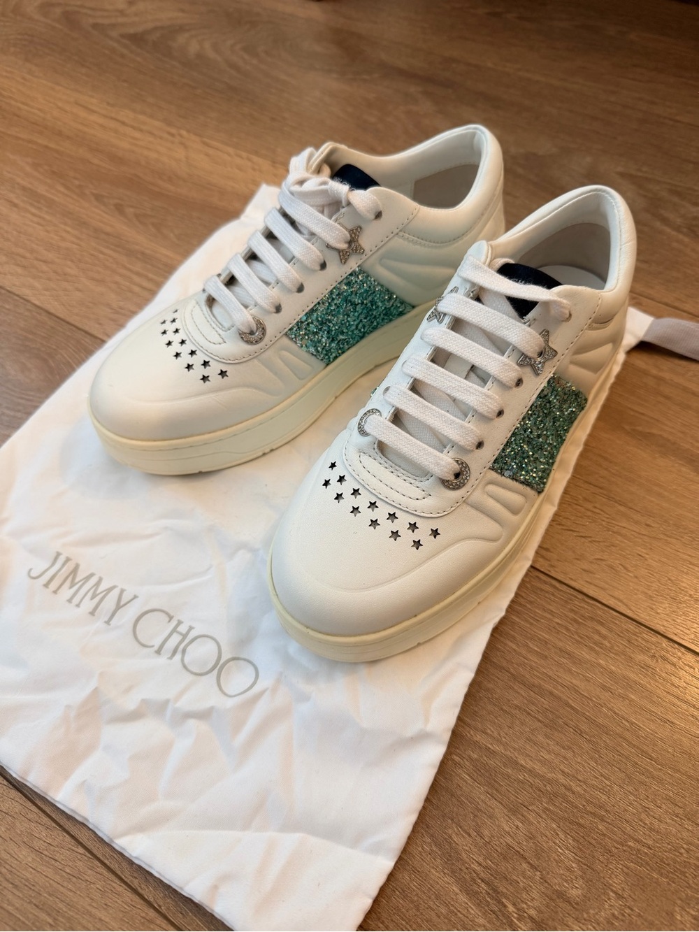 Jimmy Choo White Sneakers with Teal Glitter Side Panel